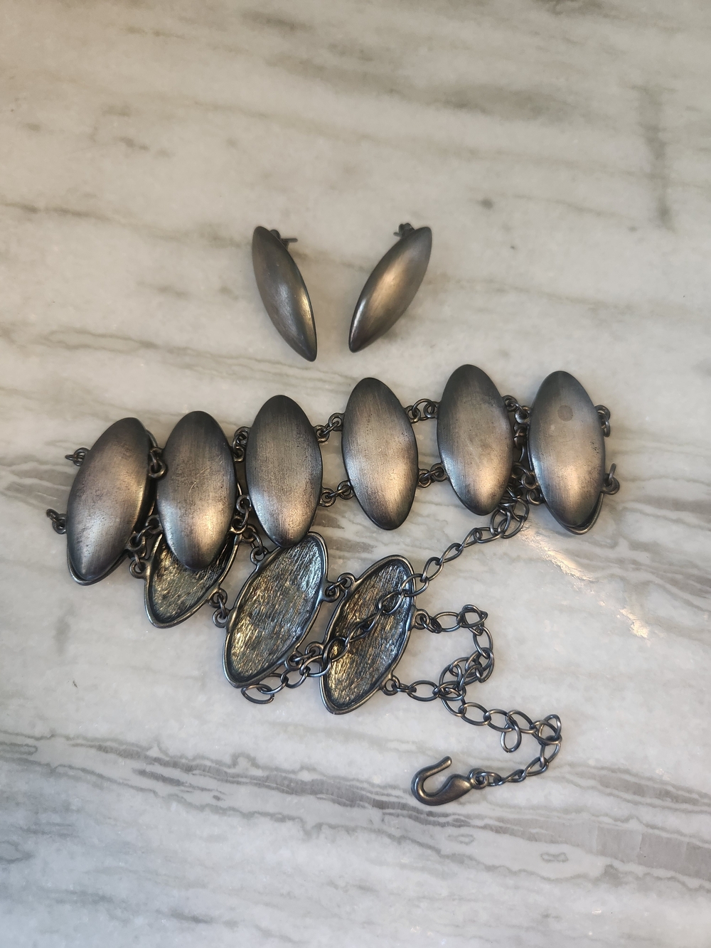 Vintage Matte Silver Oval Link Choker Necklace & Earrings Set